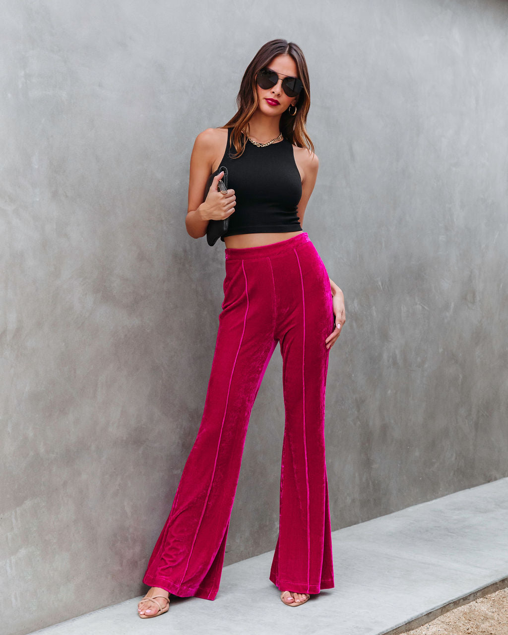 Amani High Rise Velvet Flare Pants - Fuchsia