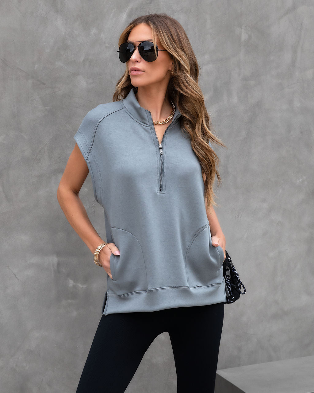 Athena Pocketed Half Zip Short Sleeve Sweatshirt - Grey