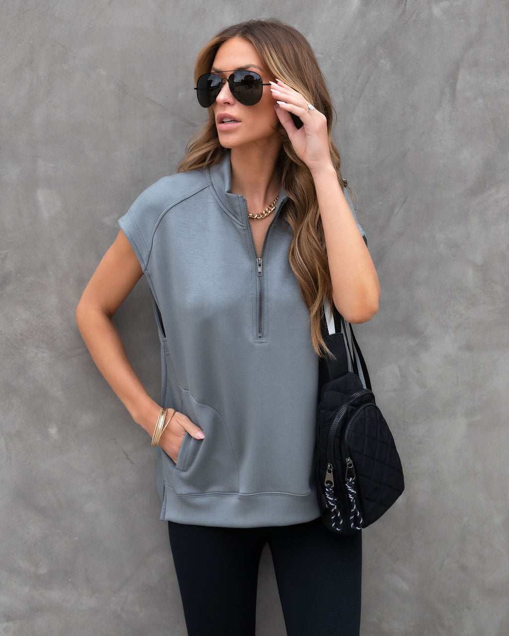 Athena Pocketed Half Zip Short Sleeve Sweatshirt - Grey