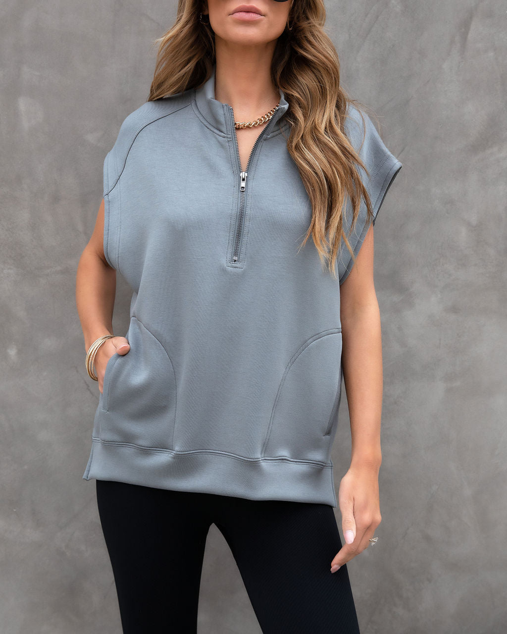 Athena Pocketed Half Zip Short Sleeve Sweatshirt - Grey