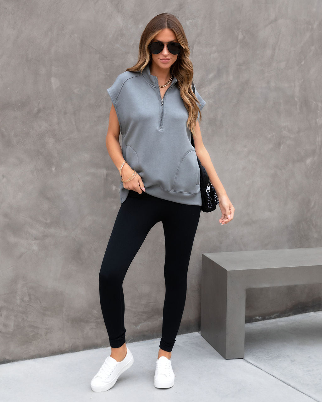 Athena Pocketed Half Zip Short Sleeve Sweatshirt - Grey