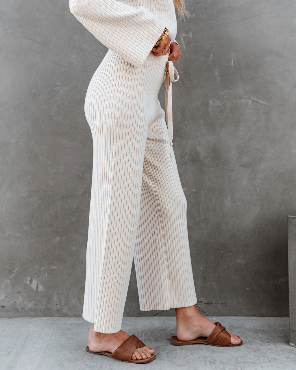 Autumn Splendor Ribbed Knit Pants - Beige