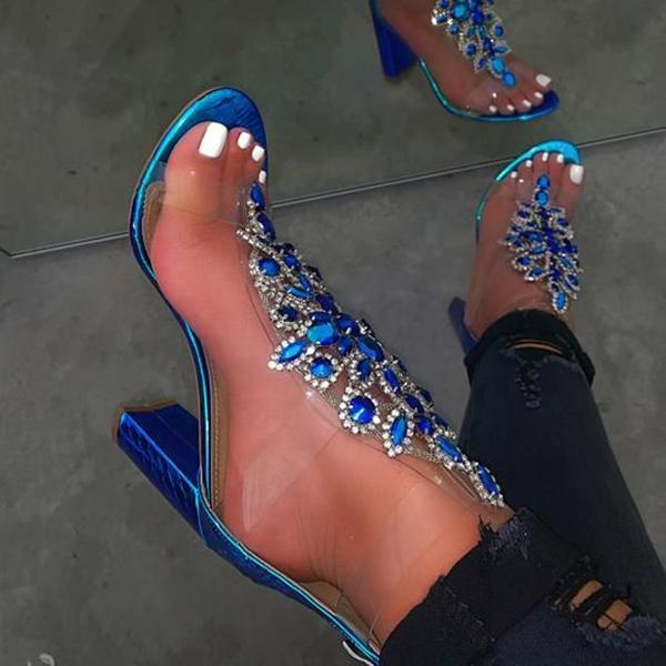 Line-Style Buckle Chunky Covering Casual Rhinestone Heels