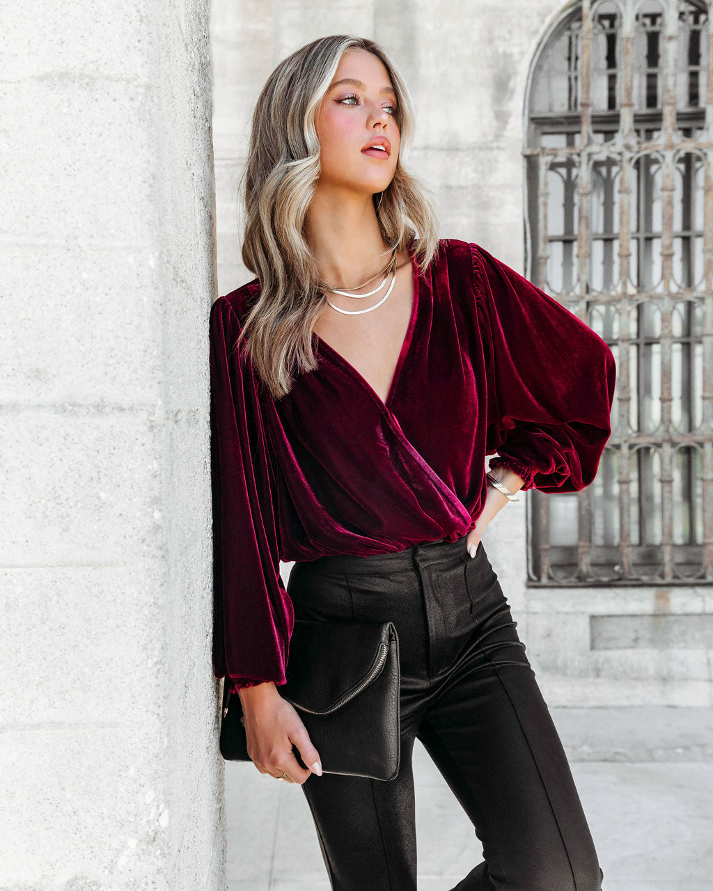 Bevie Velvet Long Sleeve Bodysuit - Wine