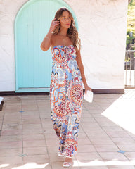 Trägerloser Jumpsuit aus Satin mit „Breath Of Fresh Air“-Print 