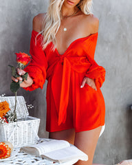 Brexa Pocketed Tie Front Romper - Tomato Red