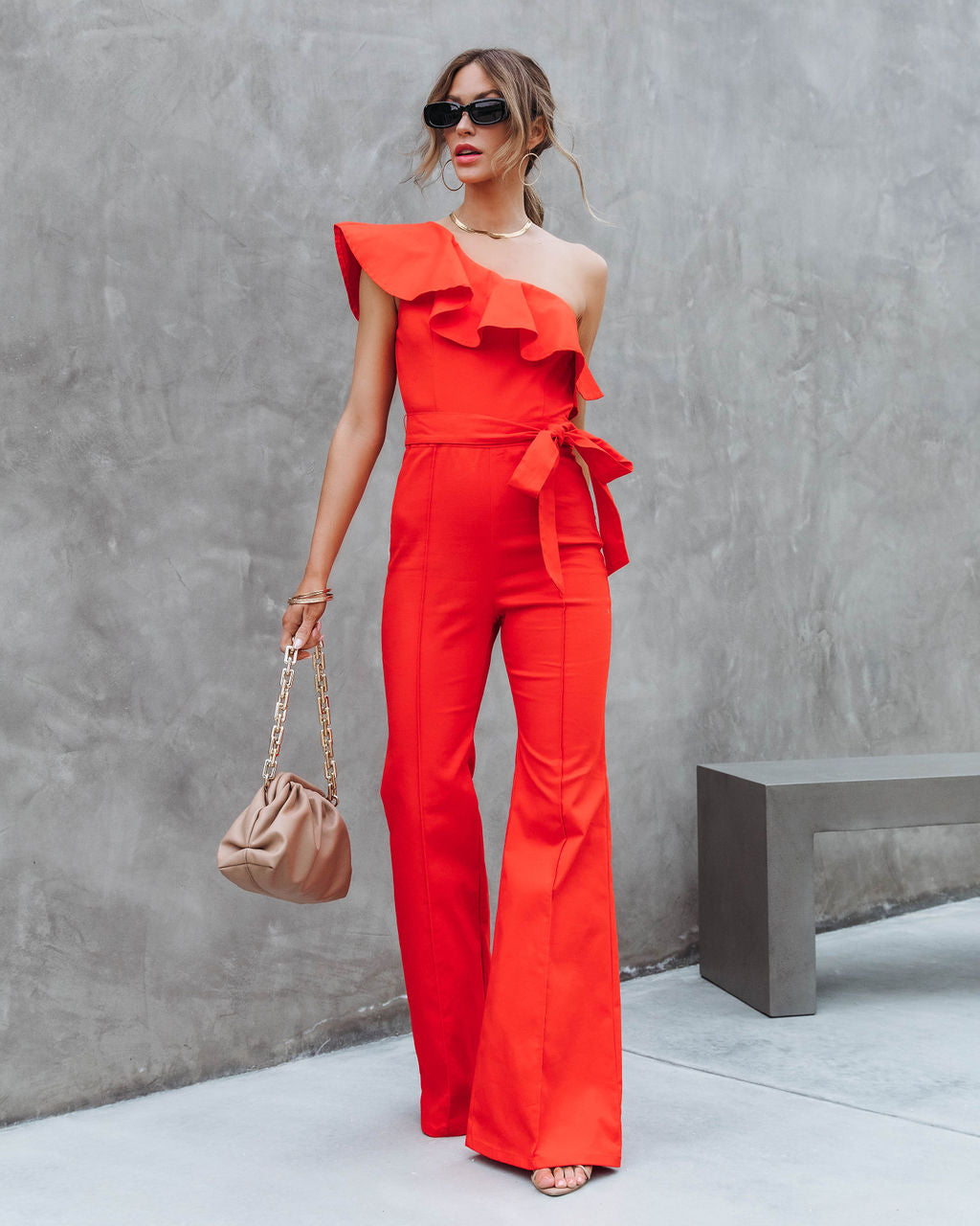 Cameran Cotton One Shoulder Flare Jumpsuit - Red – Oshnow