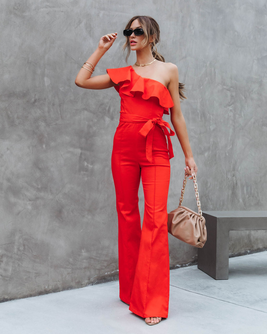 Cameran Cotton One Shoulder Flare Jumpsuit -  Red