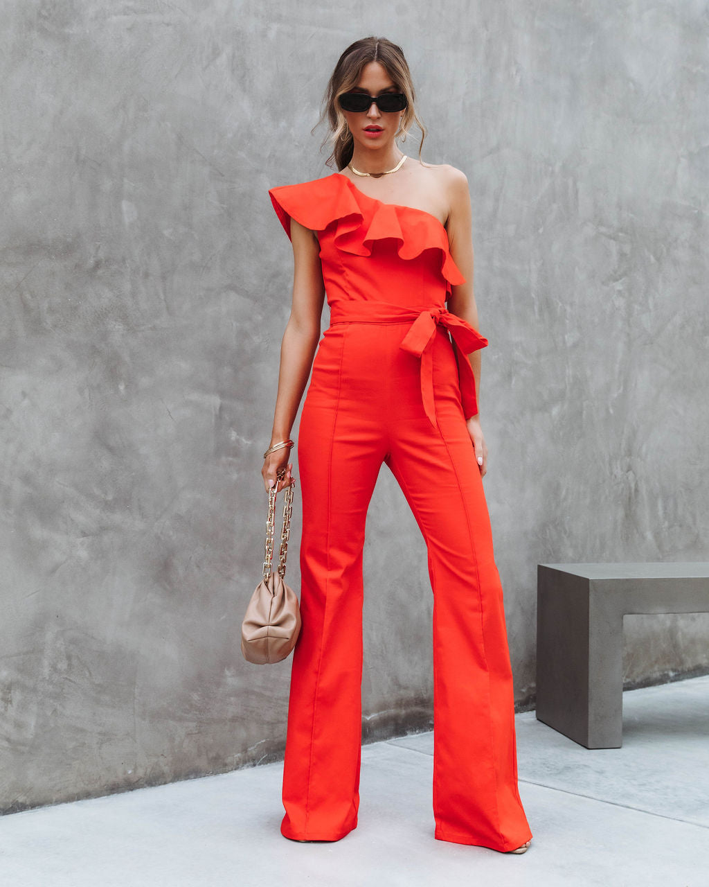 Cameran Cotton One Shoulder Flare Jumpsuit -  Red