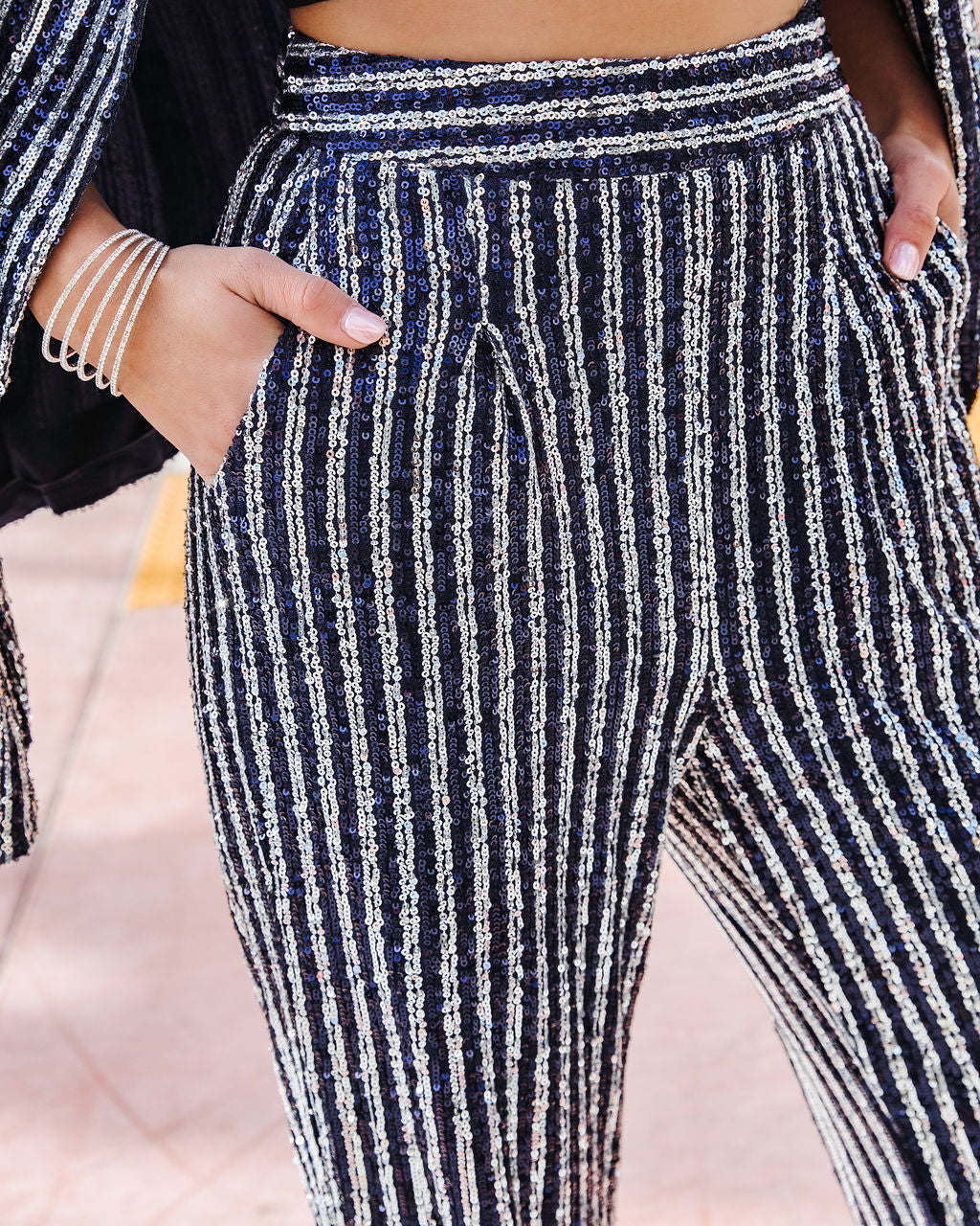 Can't Relate Sequin Stripe Pocketed Pants - Navy