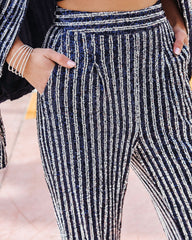 Can't Relate Sequin Stripe Pocketed Pants - Navy