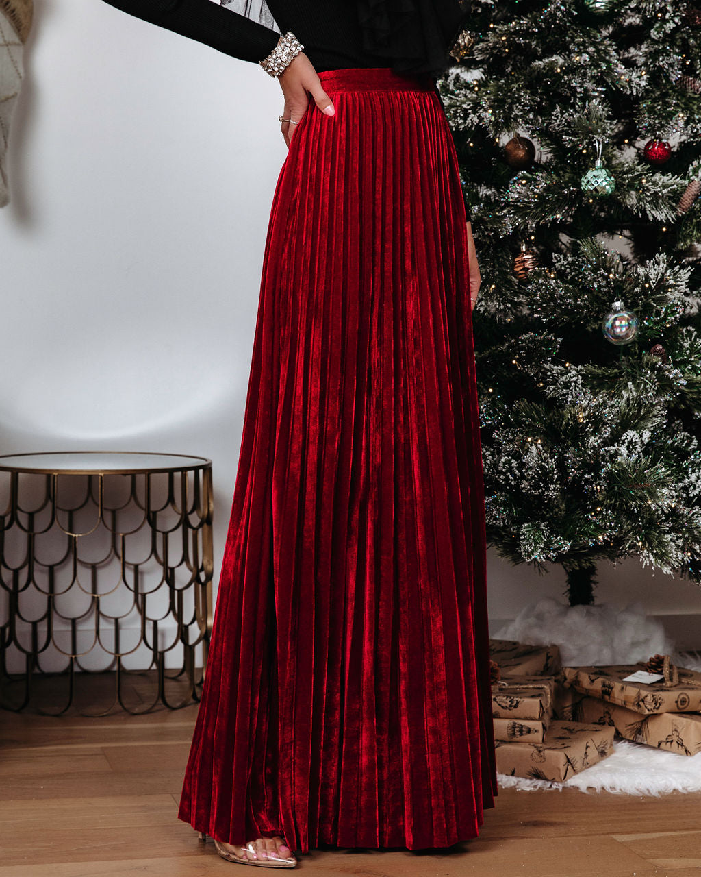 Claire Velvet Pleated Maxi Skirt - Red