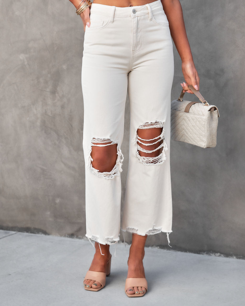 Clarissa 90's Vintage Distressed Flare Jeans - Cream