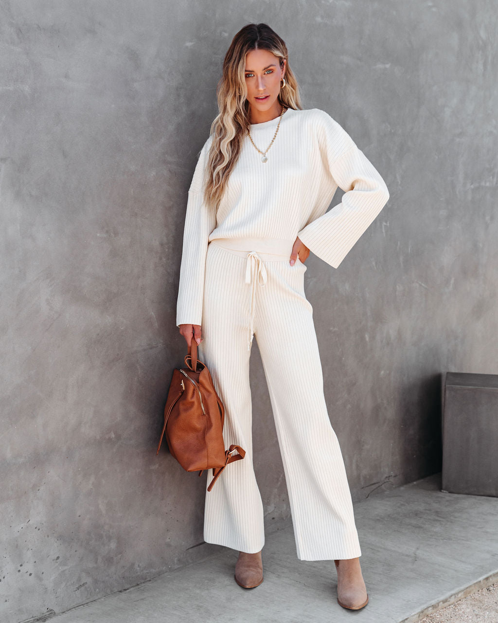 Comfy And Chic Ribbed Wide Leg Pants - Cream