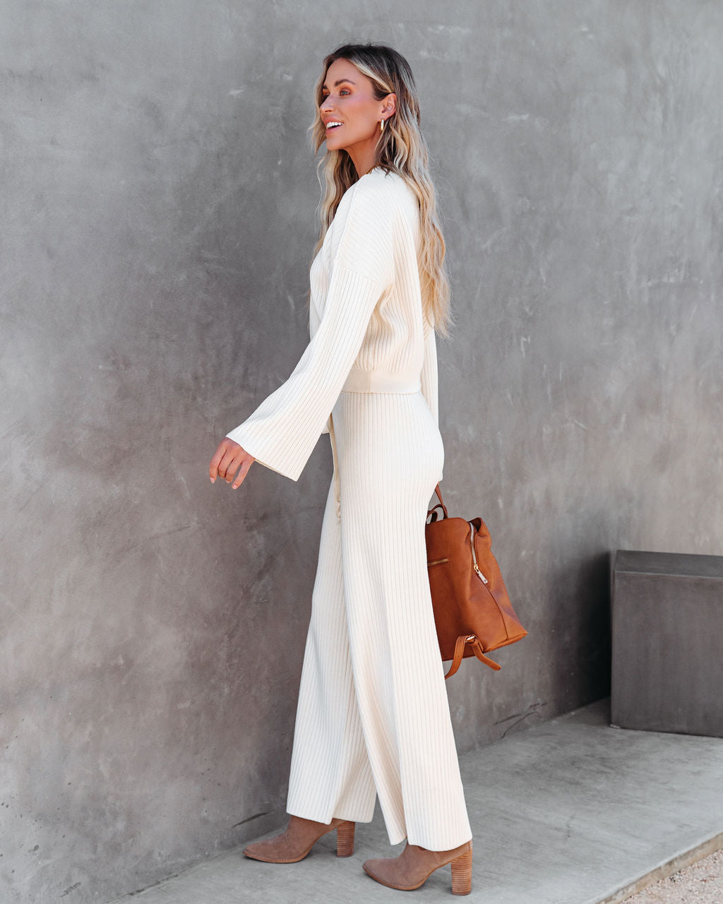 Comfy And Chic Ribbed Wide Leg Pants - Cream