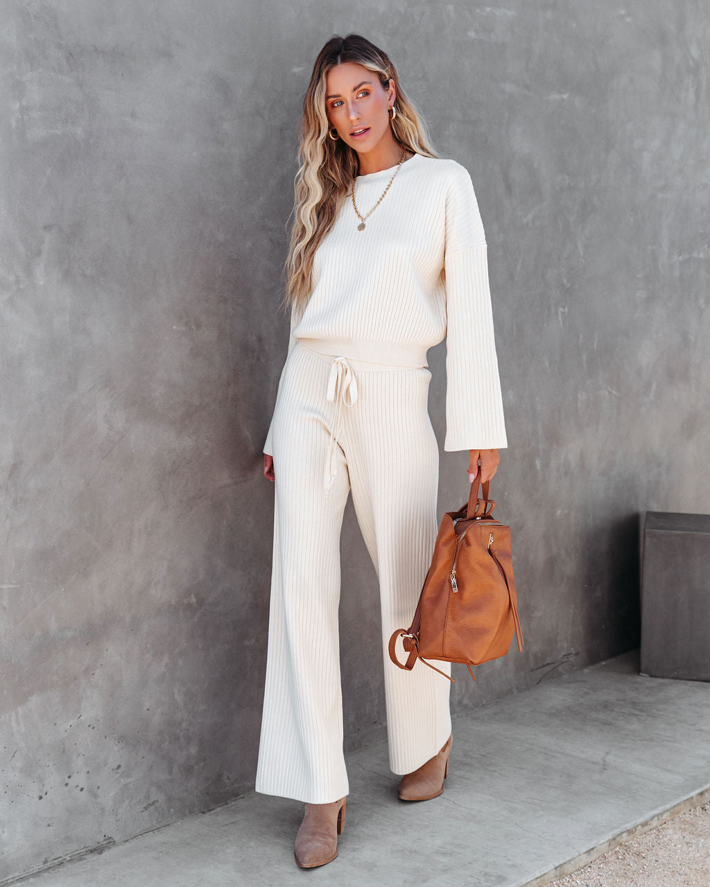 Comfy And Chic Ribbed Wide Leg Pants - Cream