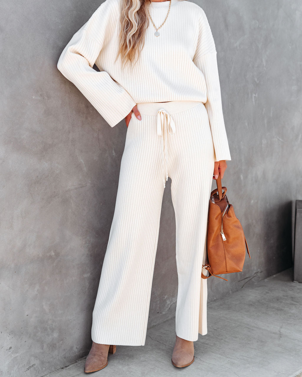 Comfy And Chic Ribbed Wide Leg Pants - Cream