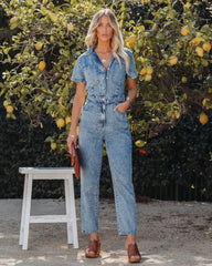 Emery Cotton Pocketed Denim Jumpsuit - Denim Blue