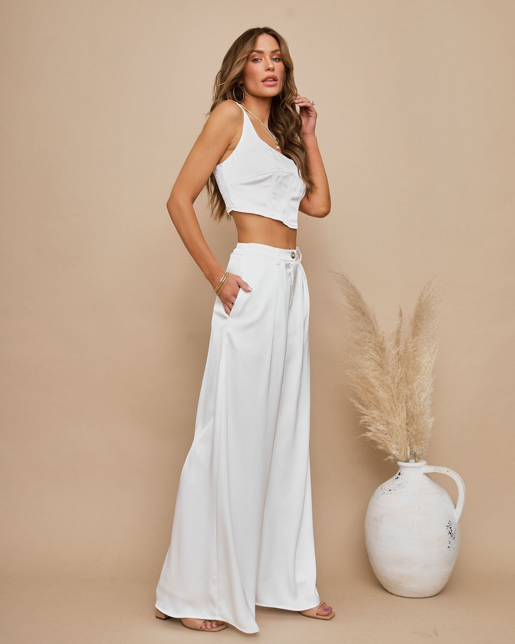 Pantalones de satén con bolsillos Endless Love - Marfil 