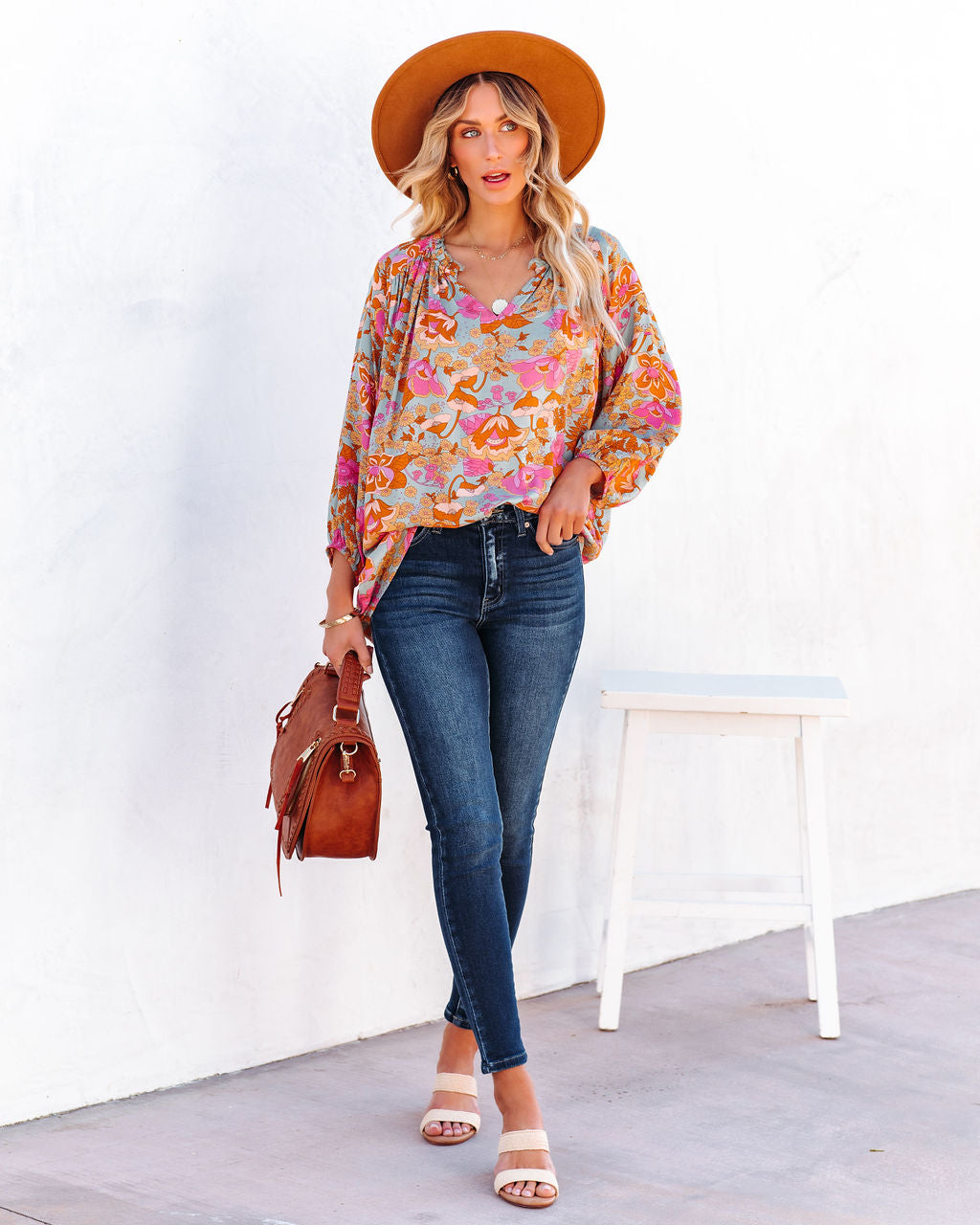 Blusa campesina con estampado floral Greta - Salvia 