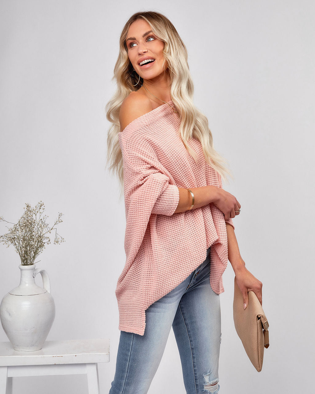 Lovell Boat Neck Thermal Knit Top - Pink
