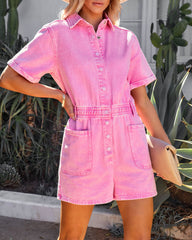 Lyra Pocketed Button Down Denim Romper - Pink