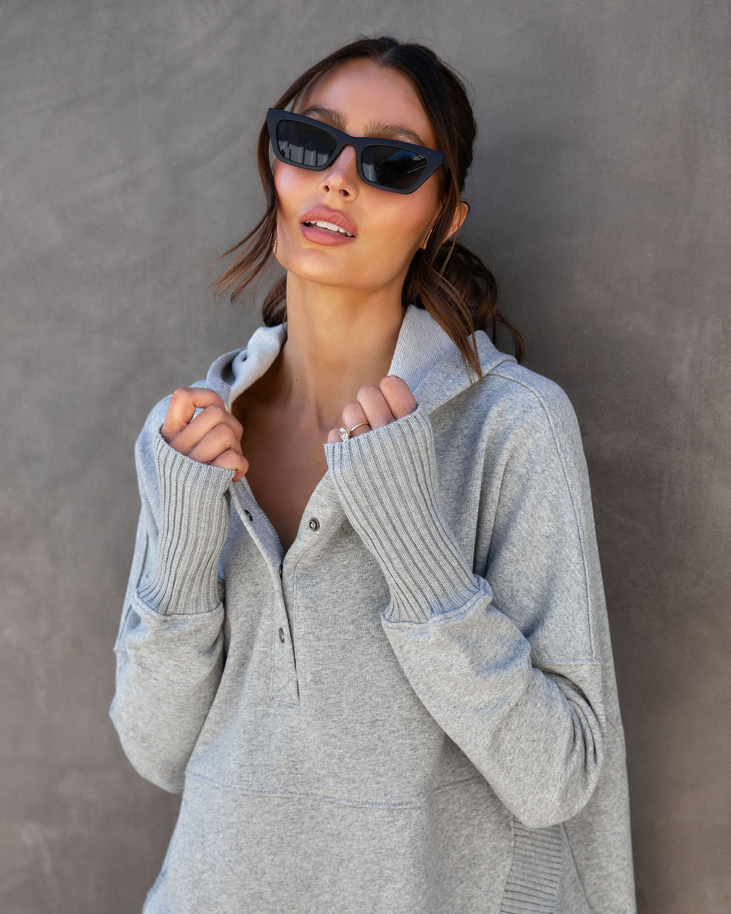 Mindful Cotton Pocketed Henley Hoodie - Heather Grey