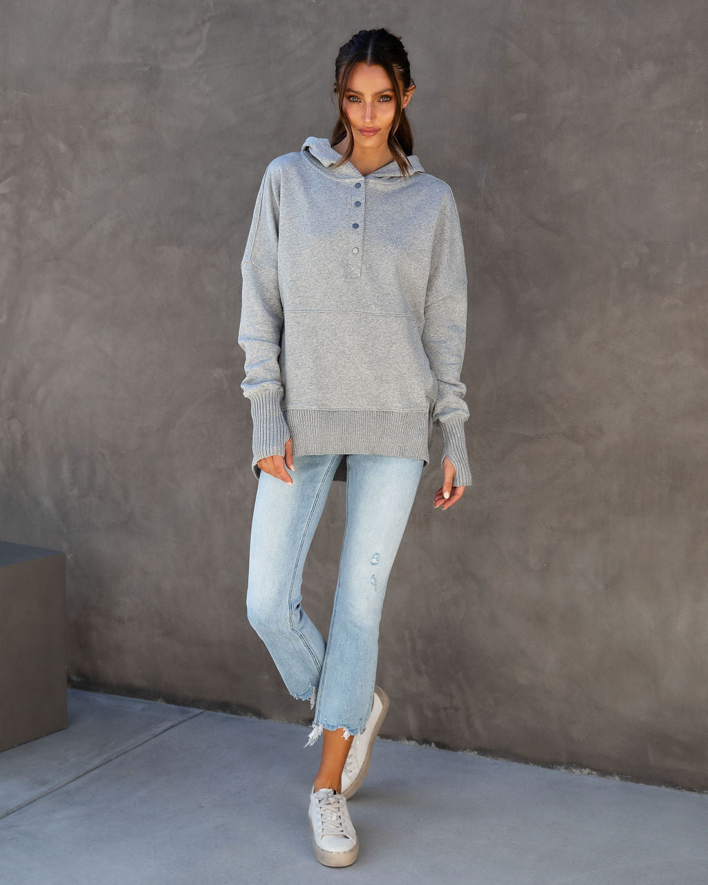 Mindful Cotton Pocketed Henley Hoodie - Heather Grey